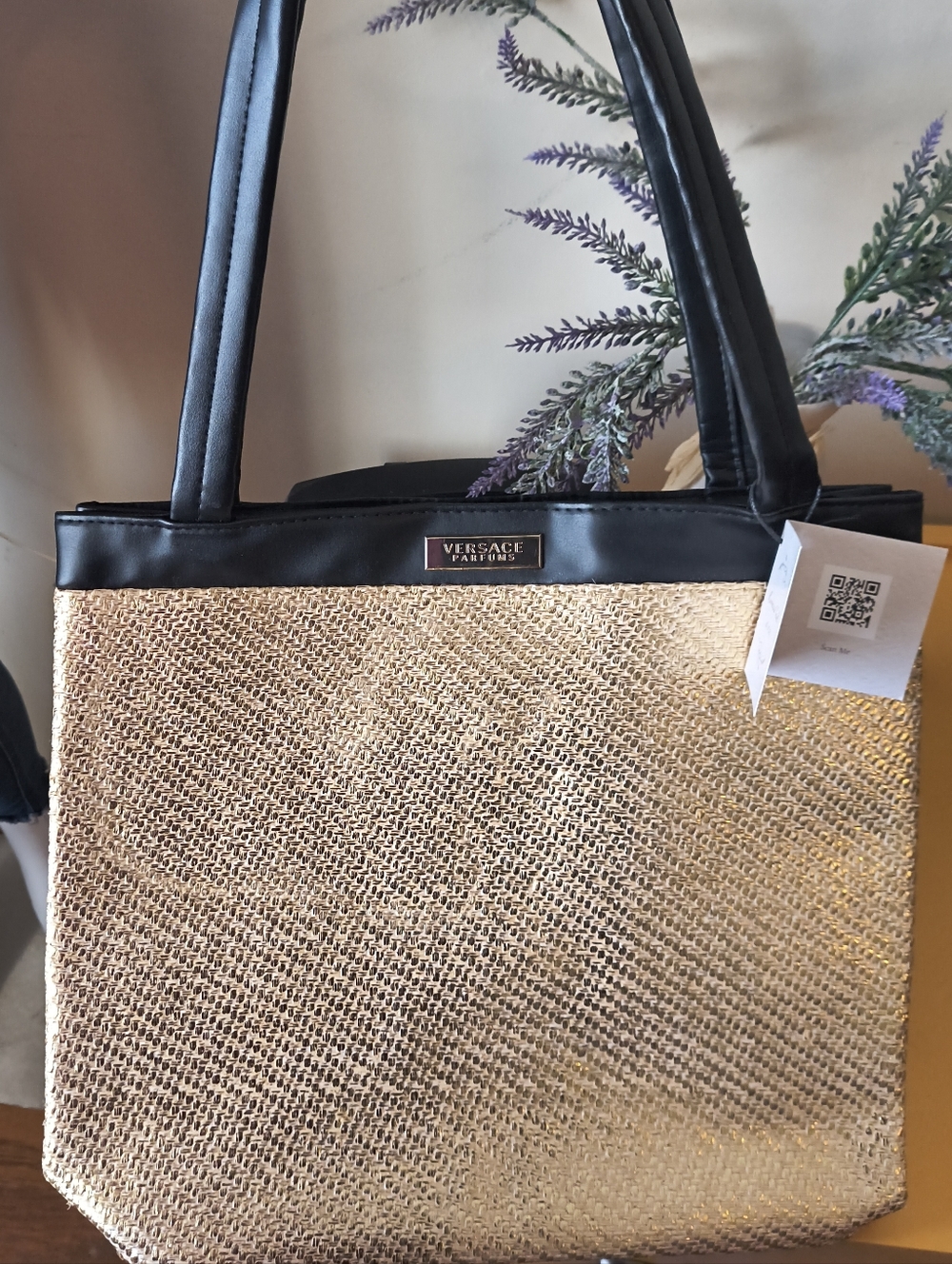 Versace Parfums Large Woven Straw Tote Black Leather Trim Shoulder Bag